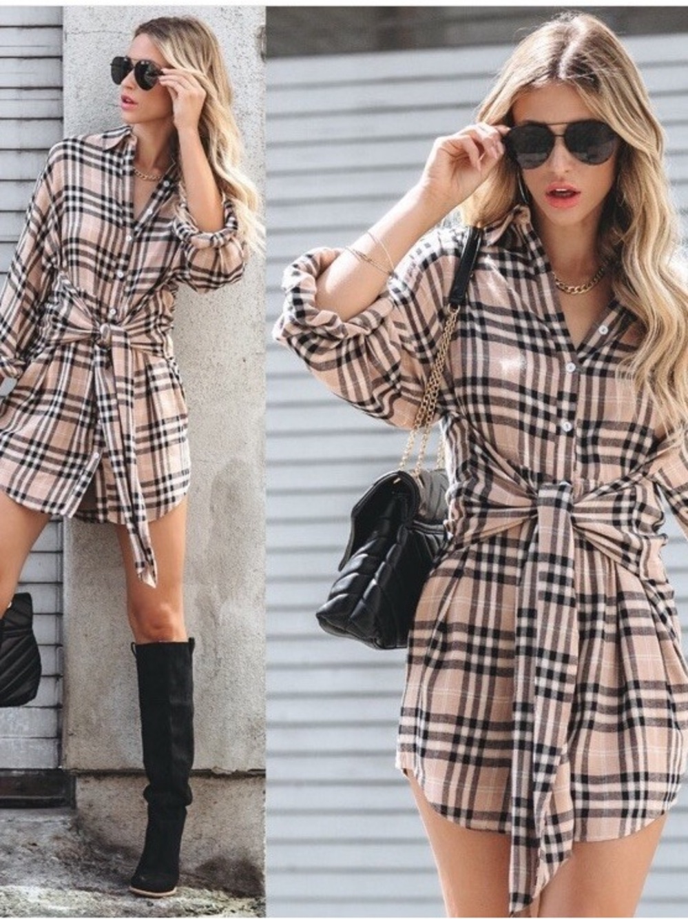 Vici Beige Plaid Tie-Waist Mini Shirt Dress